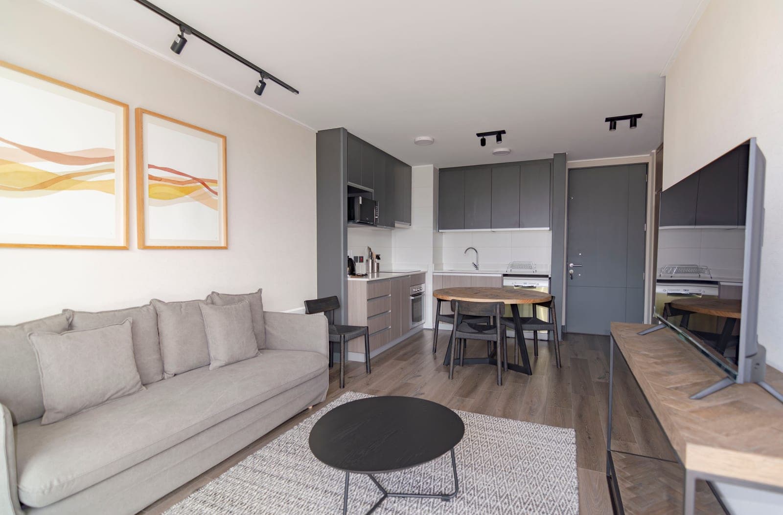 A compact apartment kitchen and living space