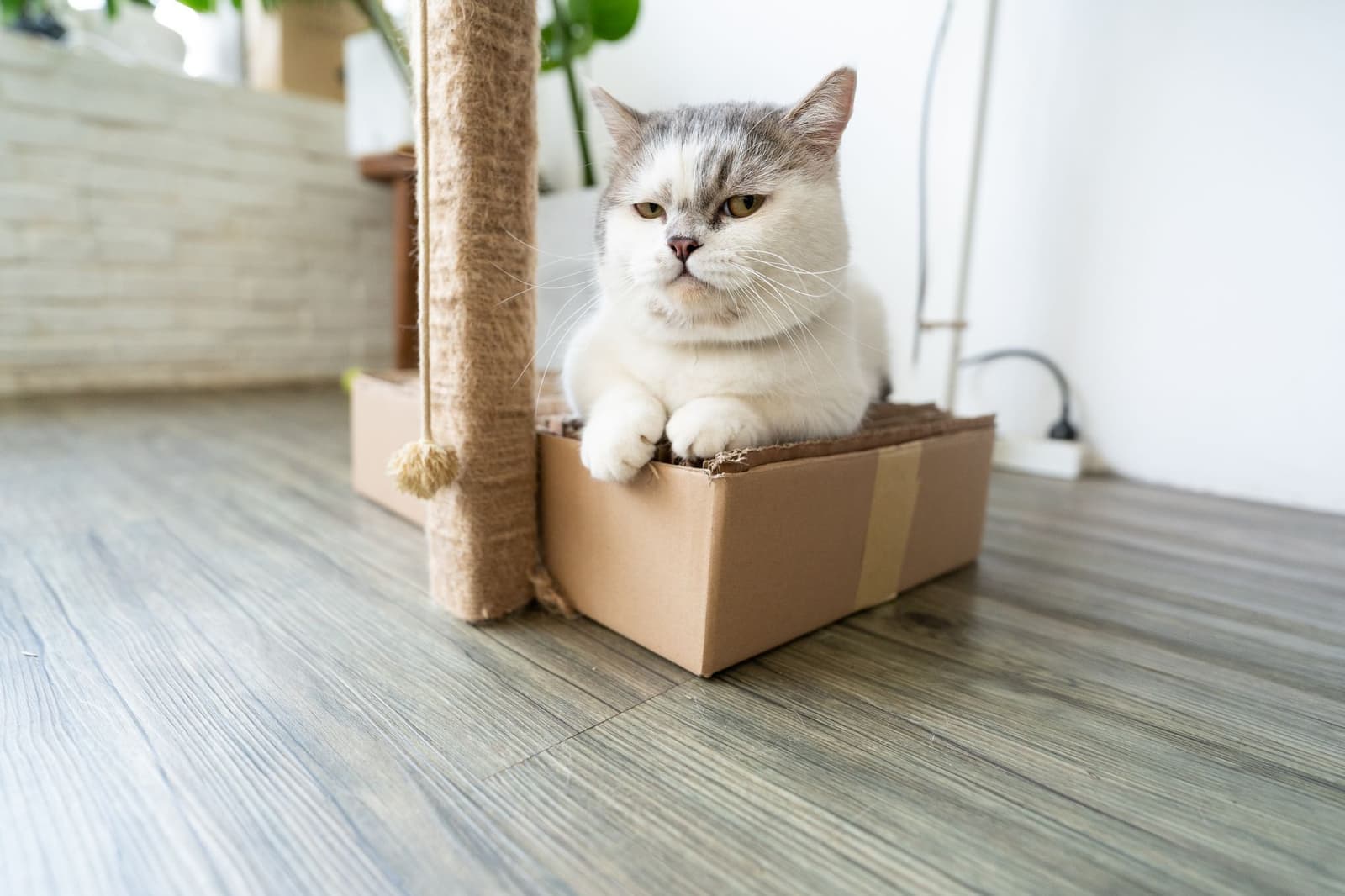 A British Shorthair cat lounging in a cardboard box indoors