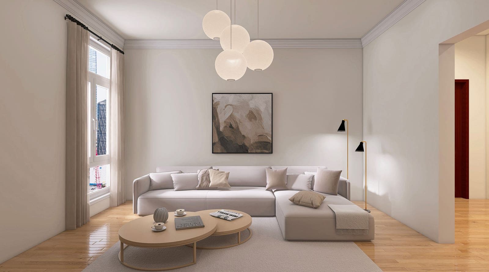 A neutral living room interior in daylight