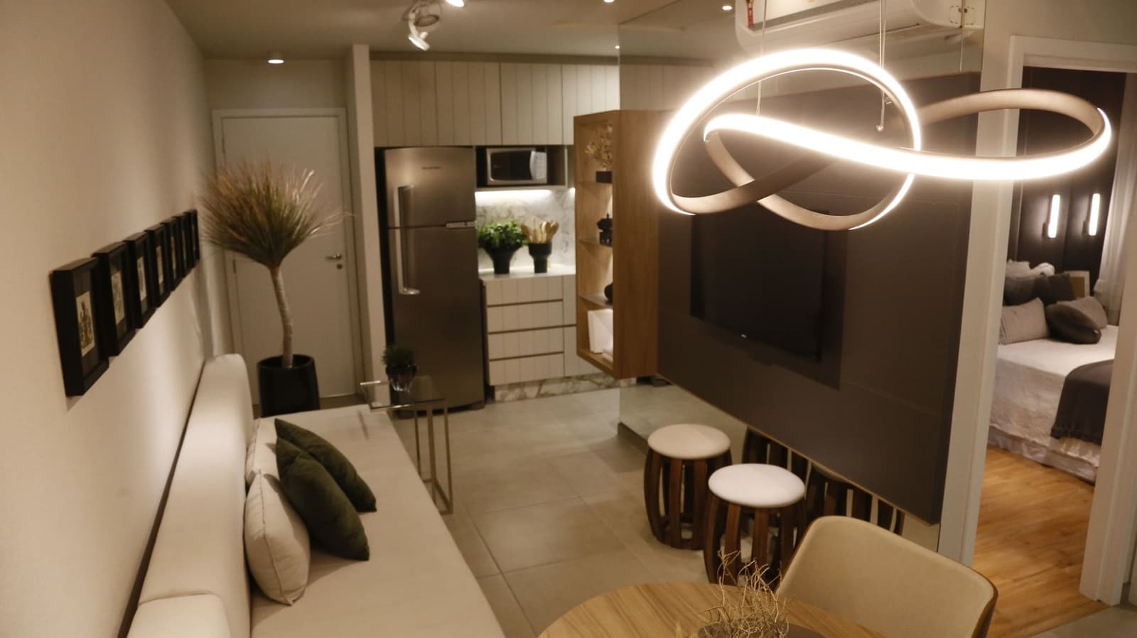 A modern living room with elegant lighting and decor